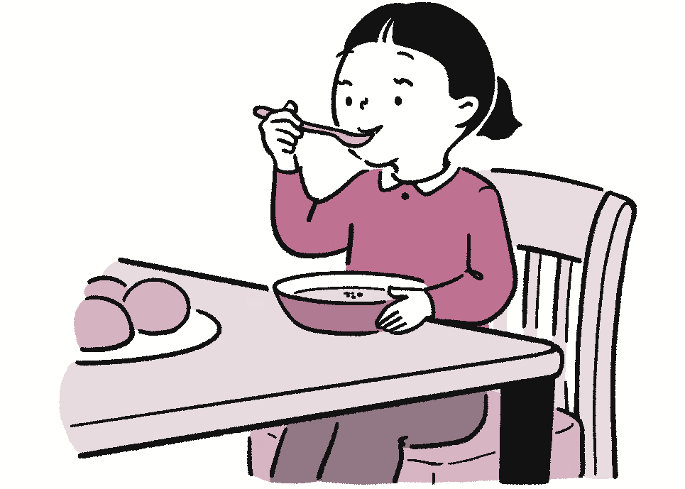 幼い女の子がスープを正しい姿勢でお行儀よく飲む様子のイラスト