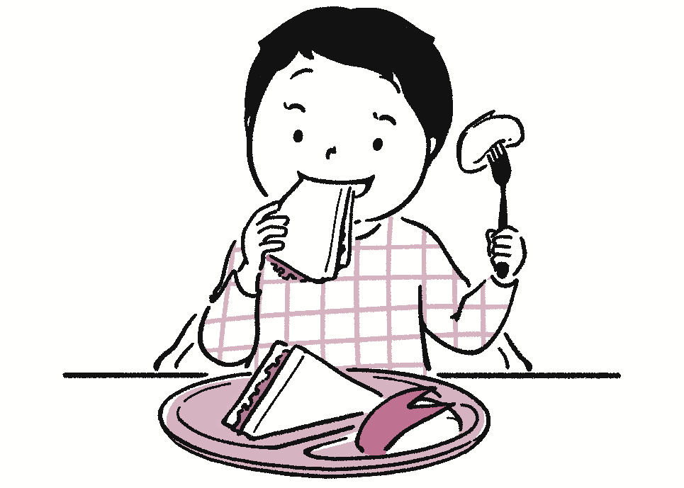 幼い男の子がりんごとサンドイッチを食べる様子のイラスト