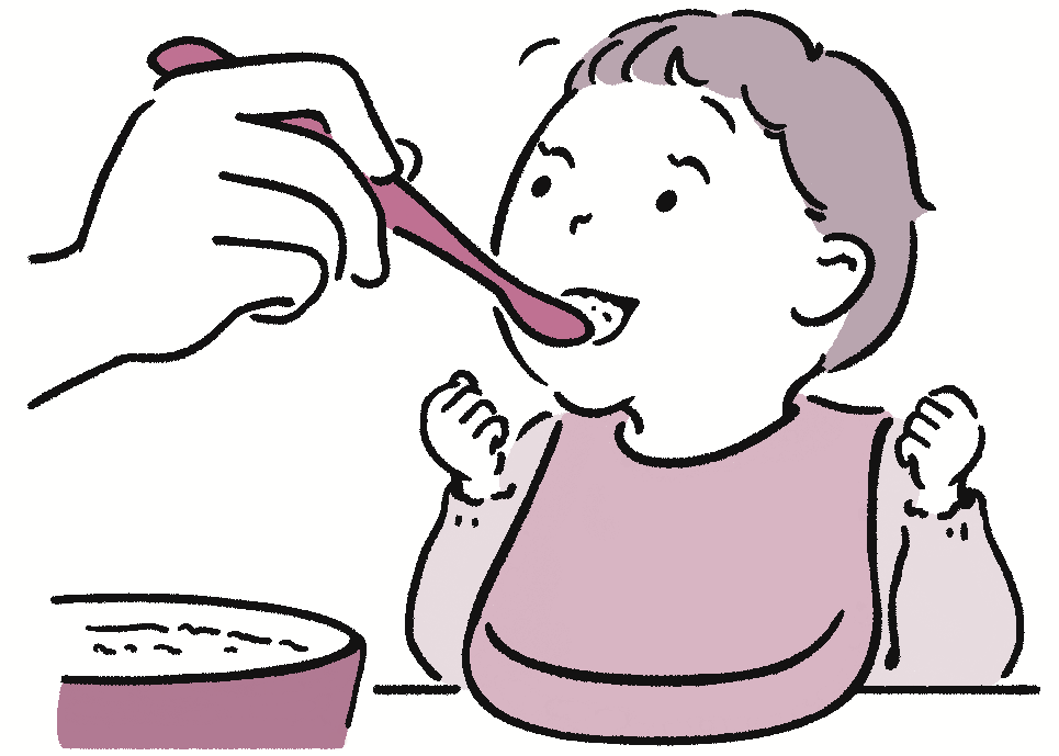 幼児に離乳食を与える様子のイラスト