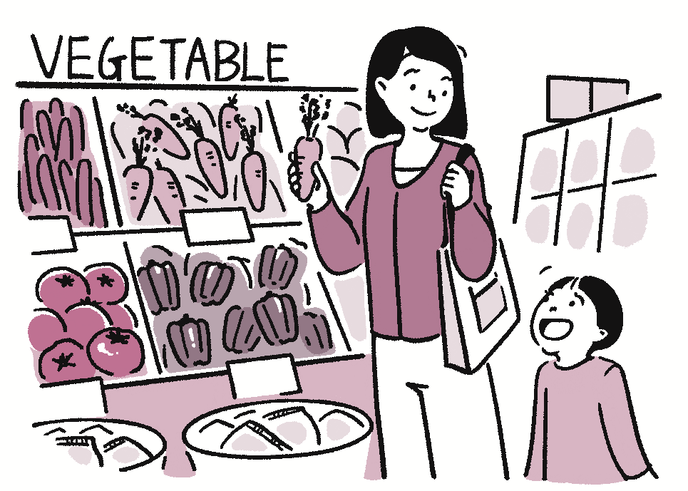 スーパーの野菜売り場で母親と男の子がにんじんを選んでいる様子のイラスト