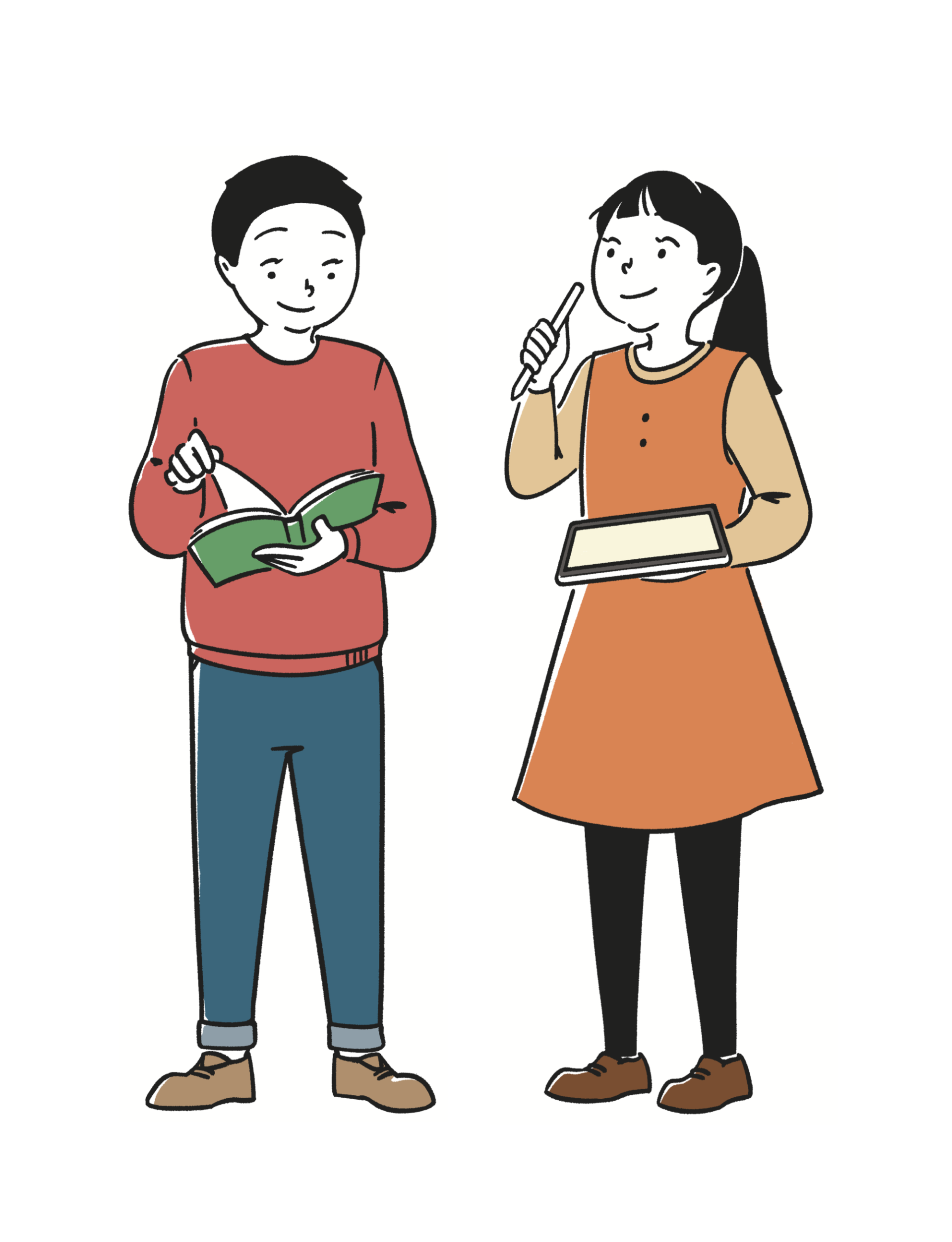 タブレットを持つ小学生の女の子と本を読む小学生の男の子のイラスト