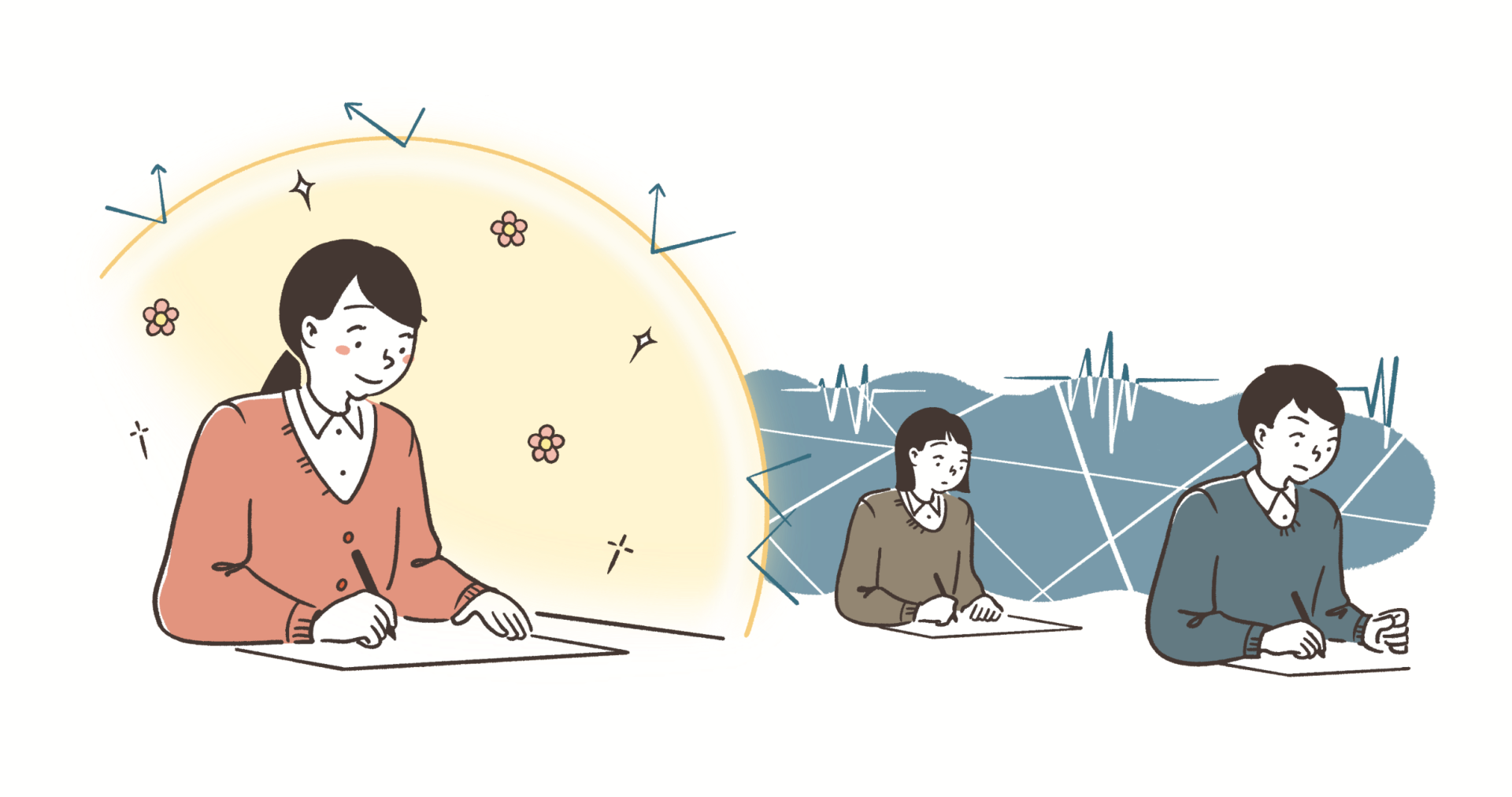 試験中の緊張や嫌な空気をブロックして自分の世界に入る女子高校生のイラスト