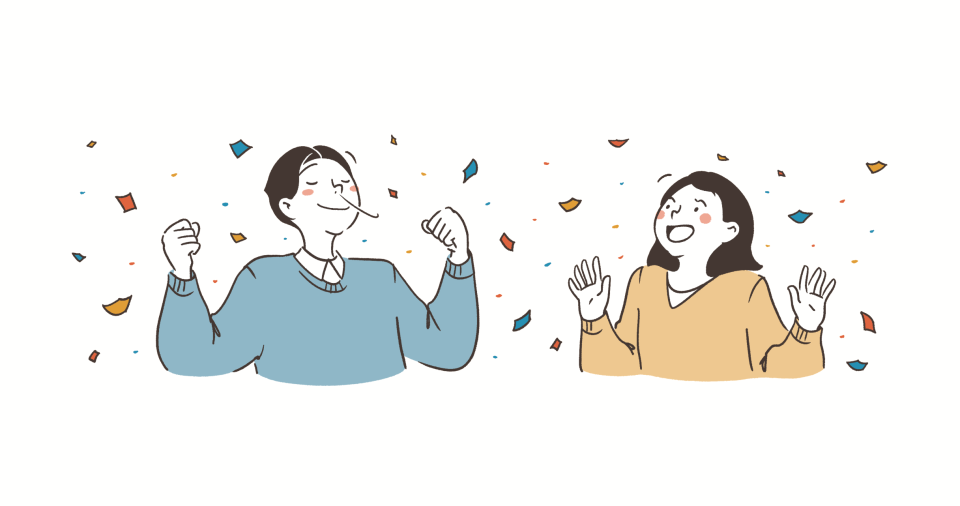 成功をイメージしてポジティブな気持ちになる男子高校生と女子高校生のイラスト