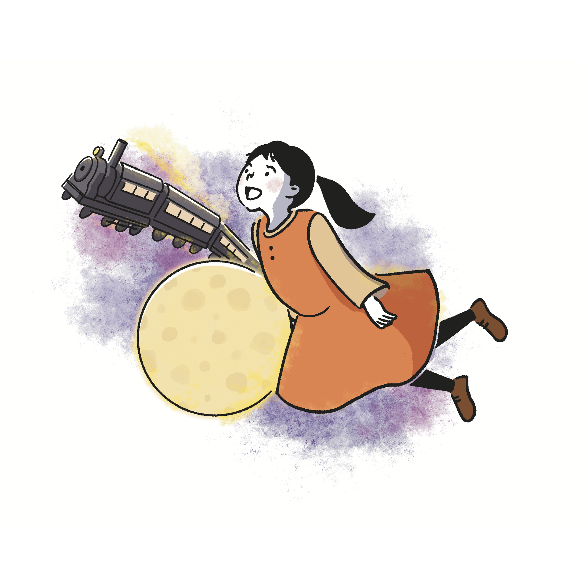銀河鉄道を背景に宇宙に浮かぶ小学生の女の子のイラスト